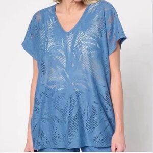 New Susan Graver Soleil Lace Knit Tunic 4X & WideLeg Crop Pant 4XP Blue Indigo